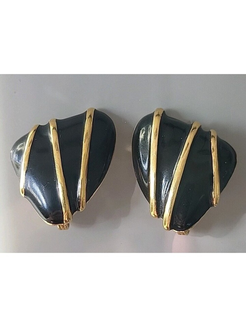 Vintage Clip-on Earrings Monet Gold w Black Enameled Jewlery EUC O12